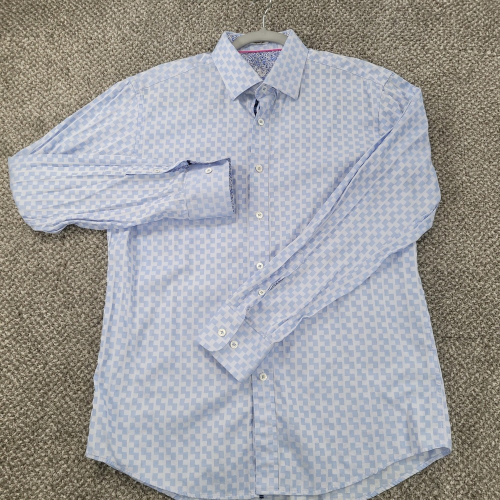 Bugatchi Uomo Mens Shaped Fit Blue White Checkered Floral Trim Cotton Shirt L